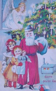 Santa Claus Old World Children Angel Candles Vintage Christmas Postcard Germany