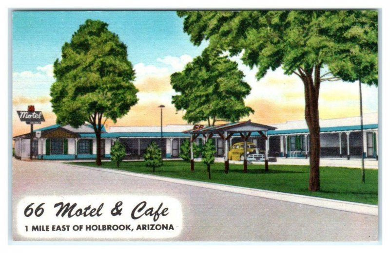 HOLBROOK, AZ ~ Roadside (Route) 66  MOTEL & CAFE  c1940s Car Linen Postcard