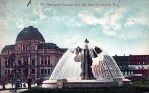 VINTAGE POSTCARD THE MEMORIAL FOUNTAIN AND CITY HALL AT PROVIDENCE R.I. c. 1915
