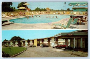 c1977 Burlington Wisconsin WI Postcard Rainbow Motel Brown's Lake Area Dual View