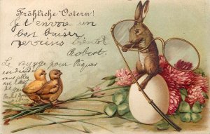 Embossed Easter greetings fantasy postcard humanized rabbit and chicks 1905