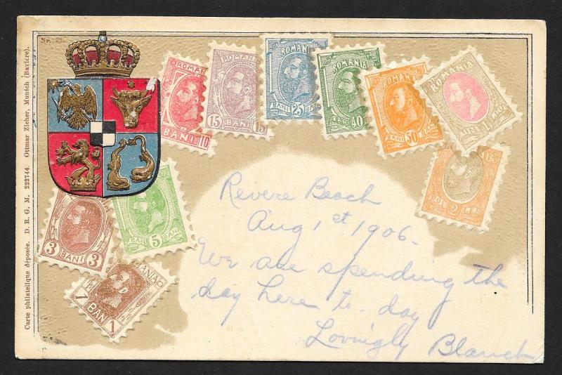 ROMANIA Stamps on Postcard Embossed Shield Used c1906