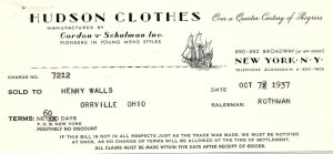 1937 HUDSON CLOTHES GORDON AND SCHULMAN N.Y. YOUNG MEN'S  BILLHEAD INVOICE Z508