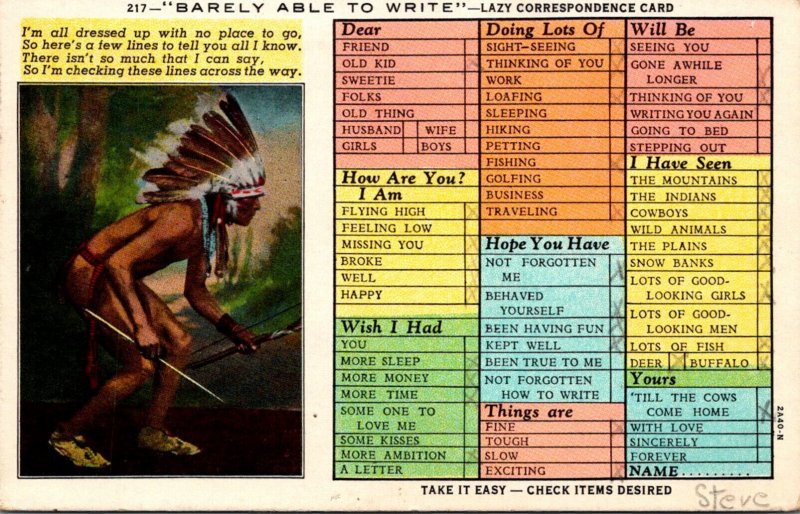 Humour Busy Person's Correspondence Card With Indian Chief 1947