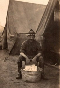 RPPC  US Army Soldier Washing Clothes on Wash Board  Postcard  c1910