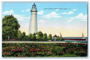 c1940 Scenic View Light House Flowers Trees Port Huron Michigan Vintage Postcard