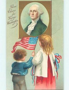 Pre-Linen patriotic KIDS WAVE THE USA FLAG FOR GEORGE WASHINGTON HJ2952