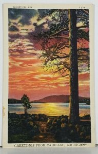 Michigan Greetings from CADILLAC Sunset on Lake Scenic View Postcard J16