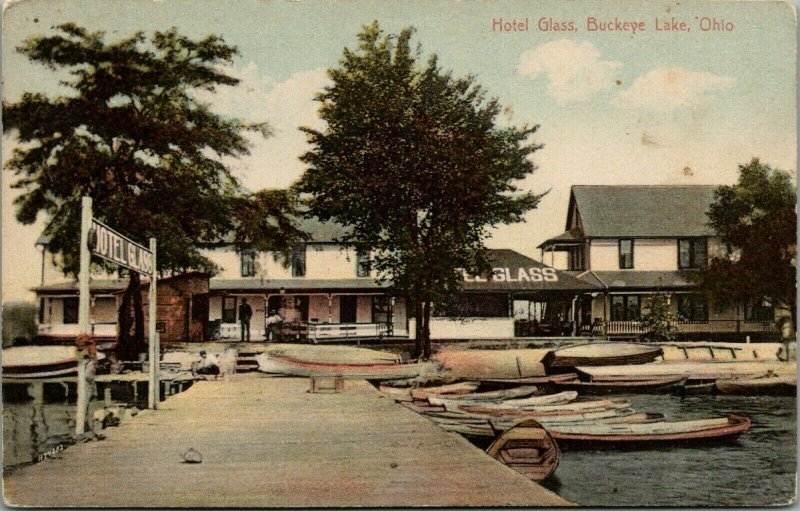 Buckeye Lake OH~Pier & Rowboat Dock~Hotel Glass~Tall Shadowy Figure w/Pipe 1910 