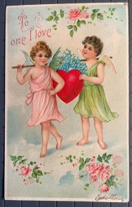 Vintage Victorian Postcard 1909 Valentine's To One I Love - Angels with Heart