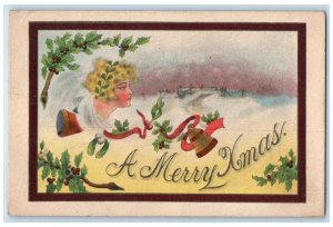 1914 Christmas Woman Ringing Bells Whimsical Fantasy Davenport Iowa IA Postcard