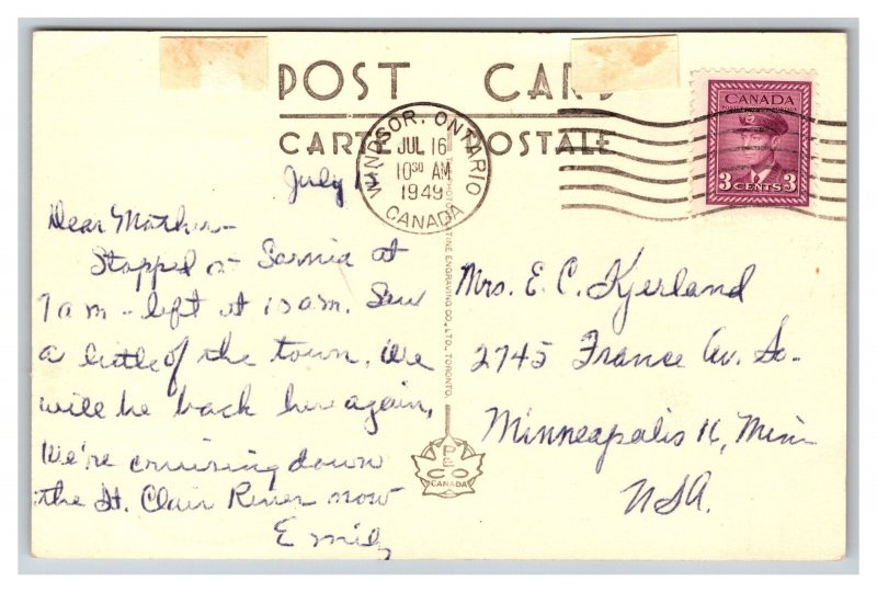 Front Street Sarnia Ontario Canada Postcard c1949 Postmark Antique Autos