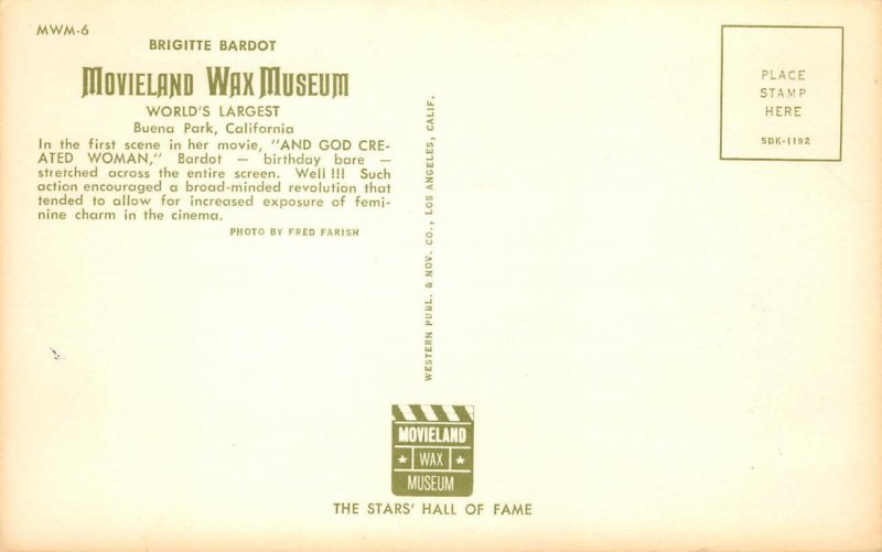 Movieland Wax Museum BRIGITTE BARDOT Actress Topless Risque Bikini '60s Postcard