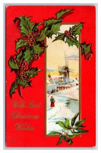 Christmas Wishes Winter Landscape Windmill Red Border Embossed DB Postcard Y9