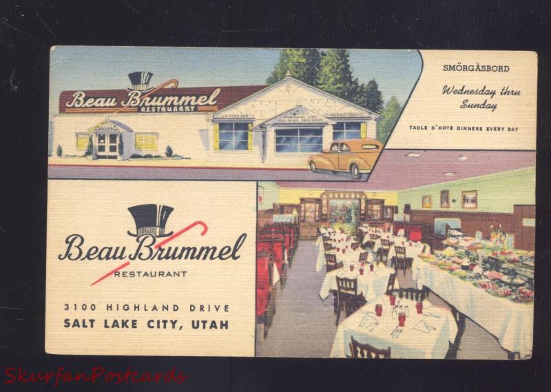 SALT LAKE CITY UTAH BEAU BRUMMEL RESTAURANT LINEN ADVERTISING POSTCARD CARS