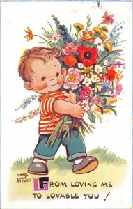 US17 UK 1960 Mabel Lucie Attwell boy and flowers greetings card