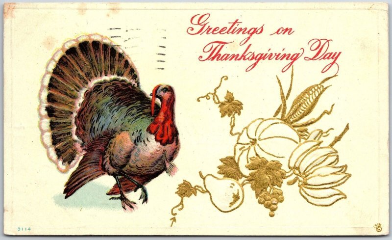 1916 Greetings On Thanksgiving Day Turkey & Embossed Vegetables Posted Postcard