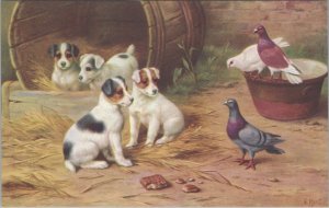 Animal Art Postcard - Dogs, Puppies and Birds, Farmyard, Artist E. Hunt RS38624
