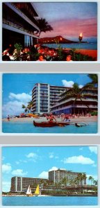 3 Postcards WAIKIKI, HONOLULU Hawaii REEF HOTEL Sunset Dining, View from Water