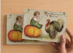 Handmade Postcard Set of 6 Thanksgiving Greeting Child on Pumpkin w/ Turkey