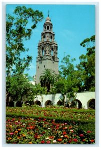 San Diego CA, Tower Building Seen From Alcazar Gardens Balboa Park Postcard 