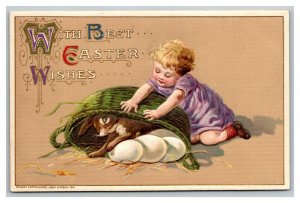 Vintage 1910's Winsch Back Easter Postcard Girl Plays Bunny Basket Giant Eggs