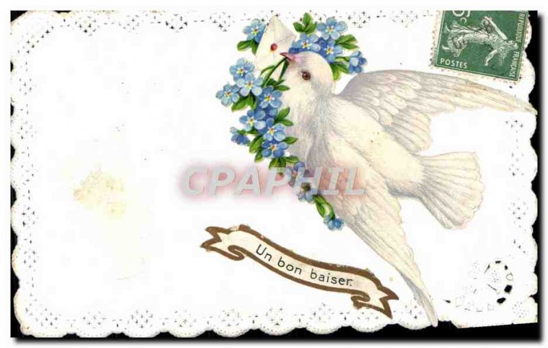 Old Postcard Fancy Embroidery Flowers dove
