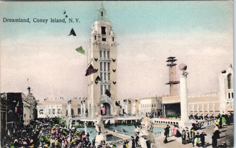 CONEY ISLAND, NY ~  DREAMLAND  Handcolored 1907  Amusement Park  Postcard