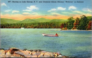 Vtg 1940s Boating on Lake George Near Diamond Head New York NY Linen Postcard