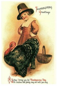Vintage Greetings Thanksgiving Boy Pilgrim Turkey Lilian Vernon Postcard Repro