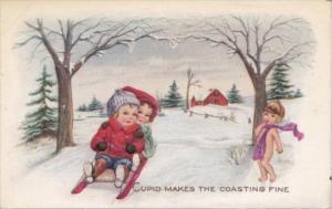 Valentine's Day Young Children Riding Sleigh Cupid Makes The Coasting Fine