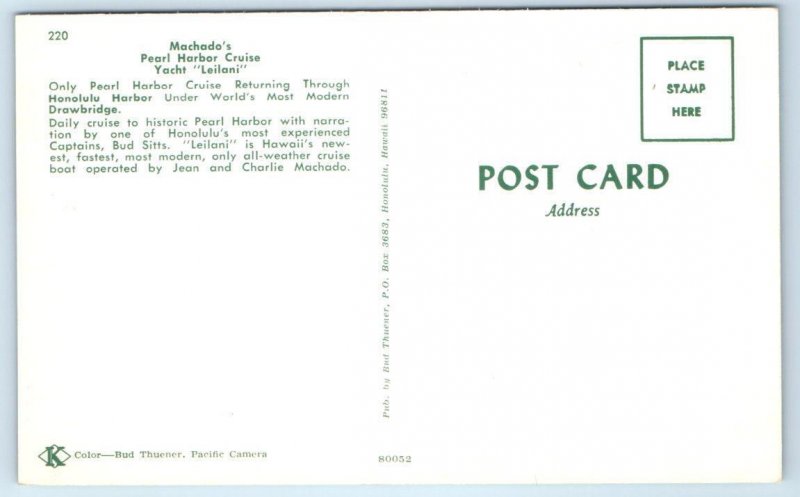 HONOLULU, HI ~ Machado's Pearl Harbor Cruise YACHT LEILANI Bud Sitts Postcard