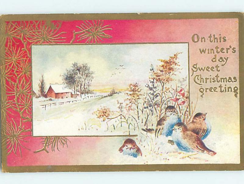 Pre-Linen christmas signed GROUP OF CUTE BIRDS ON A WINTER DAY HQ6481