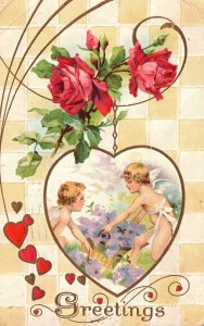 Vintage Postcard 1908 Greetings Valentine's Card Roses Angels Inside Heart Love