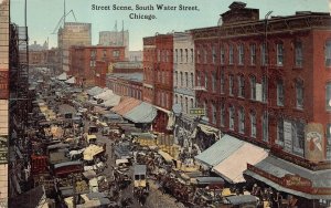 STREET SCENE SOUTH WATER STREET CHICAGO ILLINOIS POSTCARD (c. 1910)