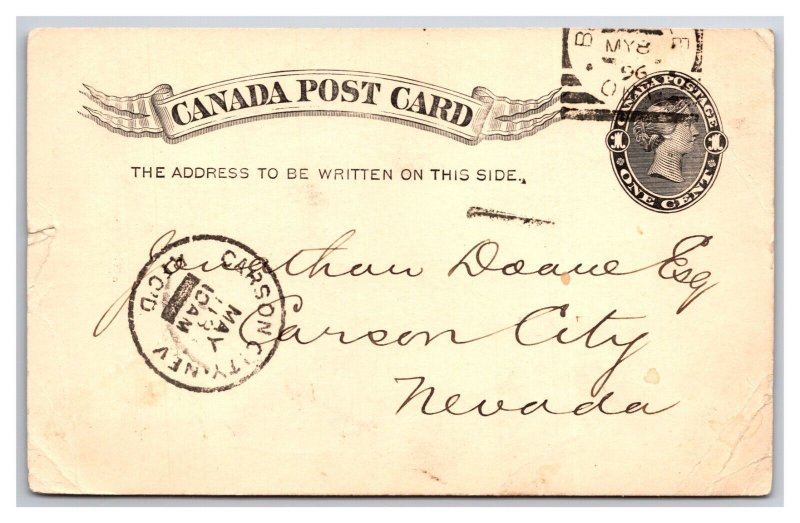 1896 Belleville Ontario Canada to Carson City Nevada NV Pioneer Postcard Z7