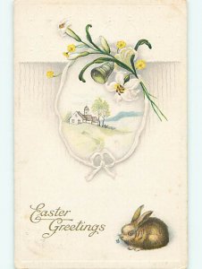 Divided-Back easter BUNNY RABBIT & LILY FLOWERS & BELL r3259