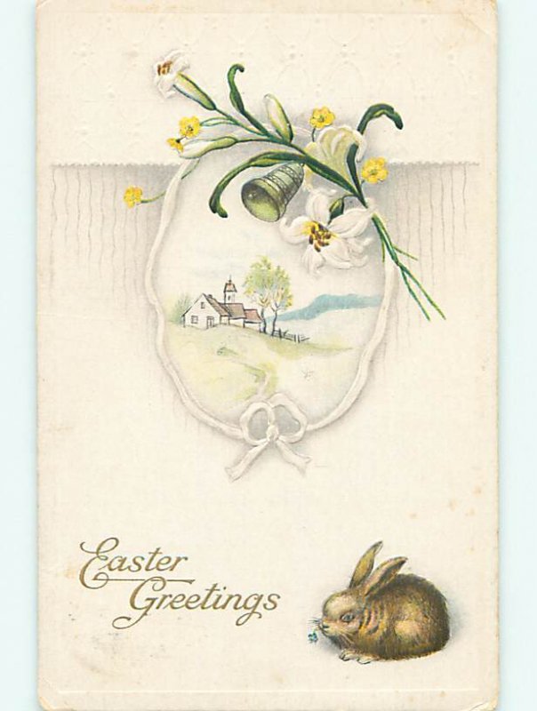 Divided-Back easter BUNNY RABBIT & LILY FLOWERS & BELL r3259