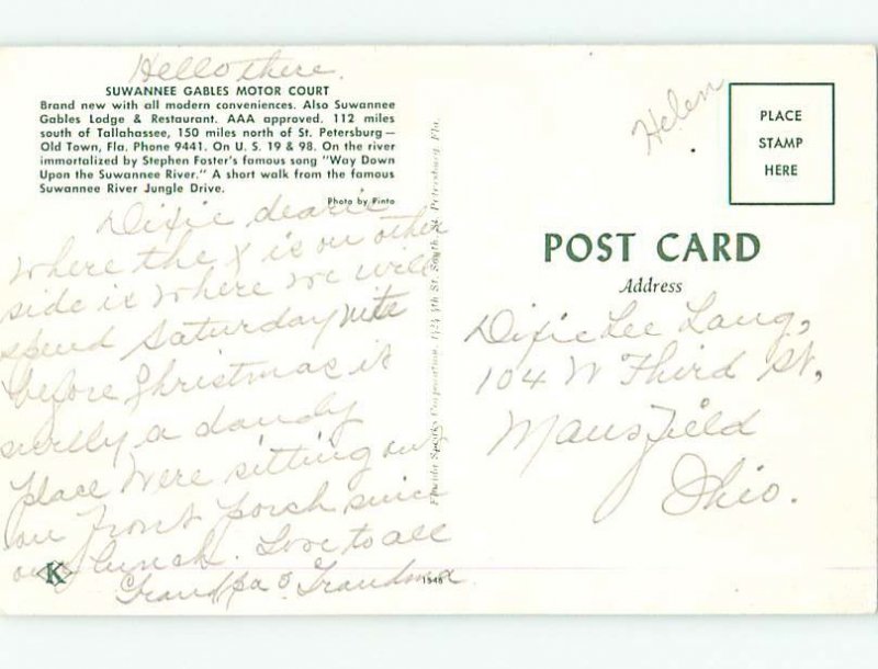 Pre-1980 SUWANNEE GABLES MOTOR COURT MOTEL Old Town Florida FL s9125