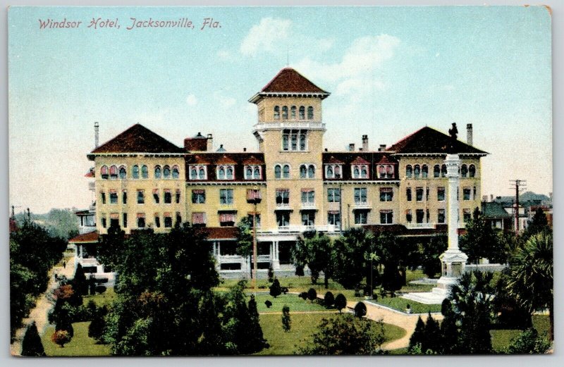 Jacksonville FL~Civil War Monument~Windsor Hotel w/ Mansard Roof~c1912 PC 