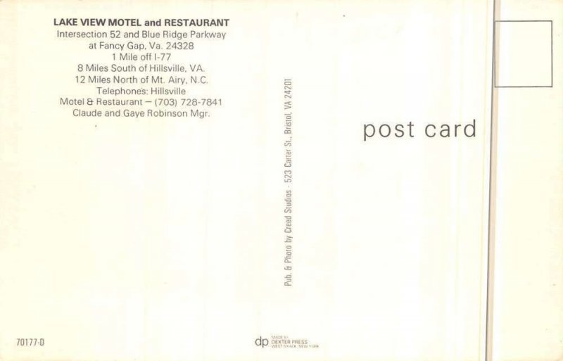 Fancy Gap Virginia lake View Motel and Restaurant vintage pc DD7674