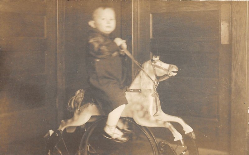 F71/ Interesting Real Photo RPPC Postcard c1910 Boy Rocking Horse Toy 6