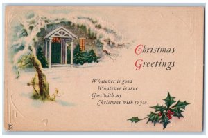 1923 Christmas Greetings Holly Winter Snow House Embossed Zanesville OH Postcard