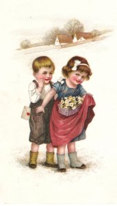 Cute, naughty boy and wirl with flowers and envelope Lovely vintage PC