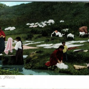 c1900s Mexico Lavanderas Women Doing Laundry in Stream Litho Photo Postcard A25