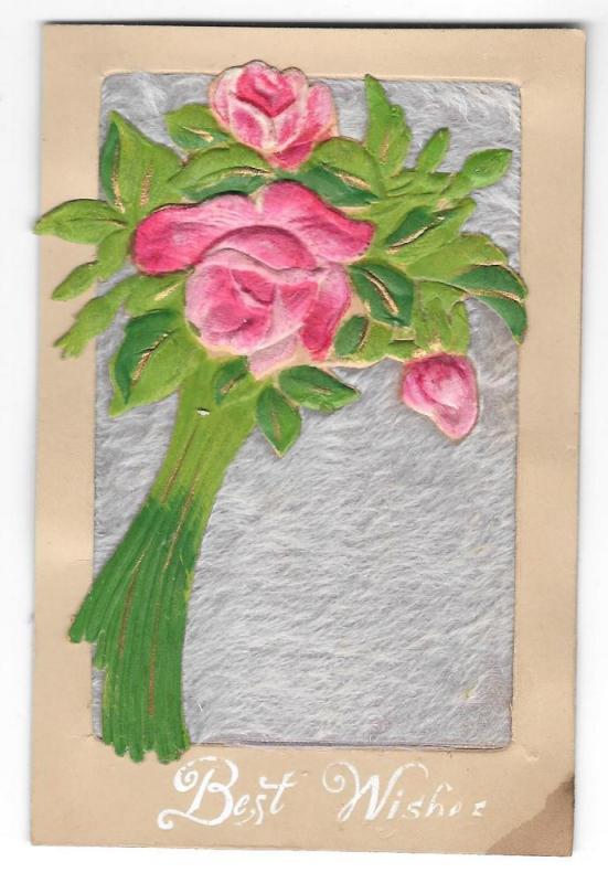 Best Wishes Silk Covered Pink Roses Vintage Novelty Postcard