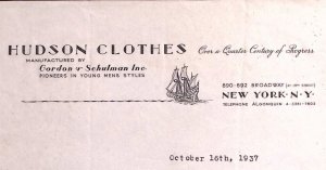 1937 HUDSON CLOTHES GORDON & SCHULMAN YOUNG MENS STYLES NEW YORK LETTERHEAD Z432