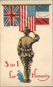 WWI Soldier Salutes Allied Flags America France England Vintage Postcard