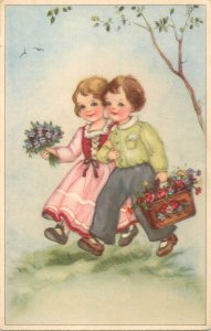 Lovely drawn children couple greetings postcard