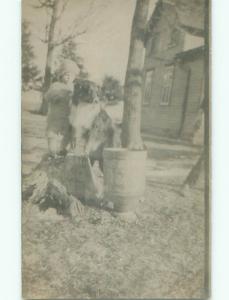 rppc Pre-1920's DOG AND CHILD BOTH WITH FEET ON TREE STUMP AC7927